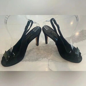 Stunning Beverly Feldman Black Suede 4” Slingbacks w/ Black gemstone Women’s 7.5